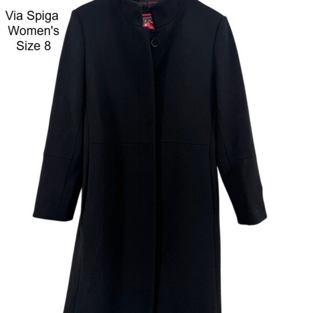 Via Spiga Black Wool Blend Mock Neck Pea Coat Floral Lining Leather Trim Size 8